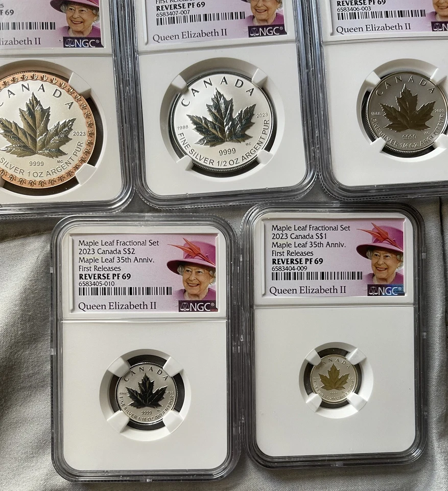2023 QUEEN ELIZABETH SILVER 35TH MAPLE LEAF NGC PF69 5-COIN REVERSE PROOF SET - Image 3 of 4