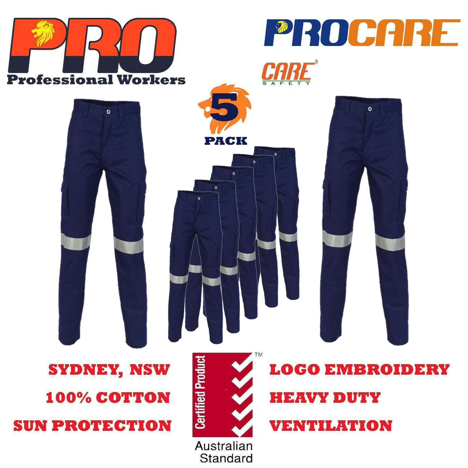 5 x taped Cargo pants 100% Cotton Drill Heavy Duty 8 pockets ProCare