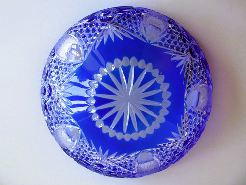 Czech Blue Cut to Clear CRYSTAL Dish Bowl Centerpiece 11.2 in Perfect condition - Picture 6 of 11