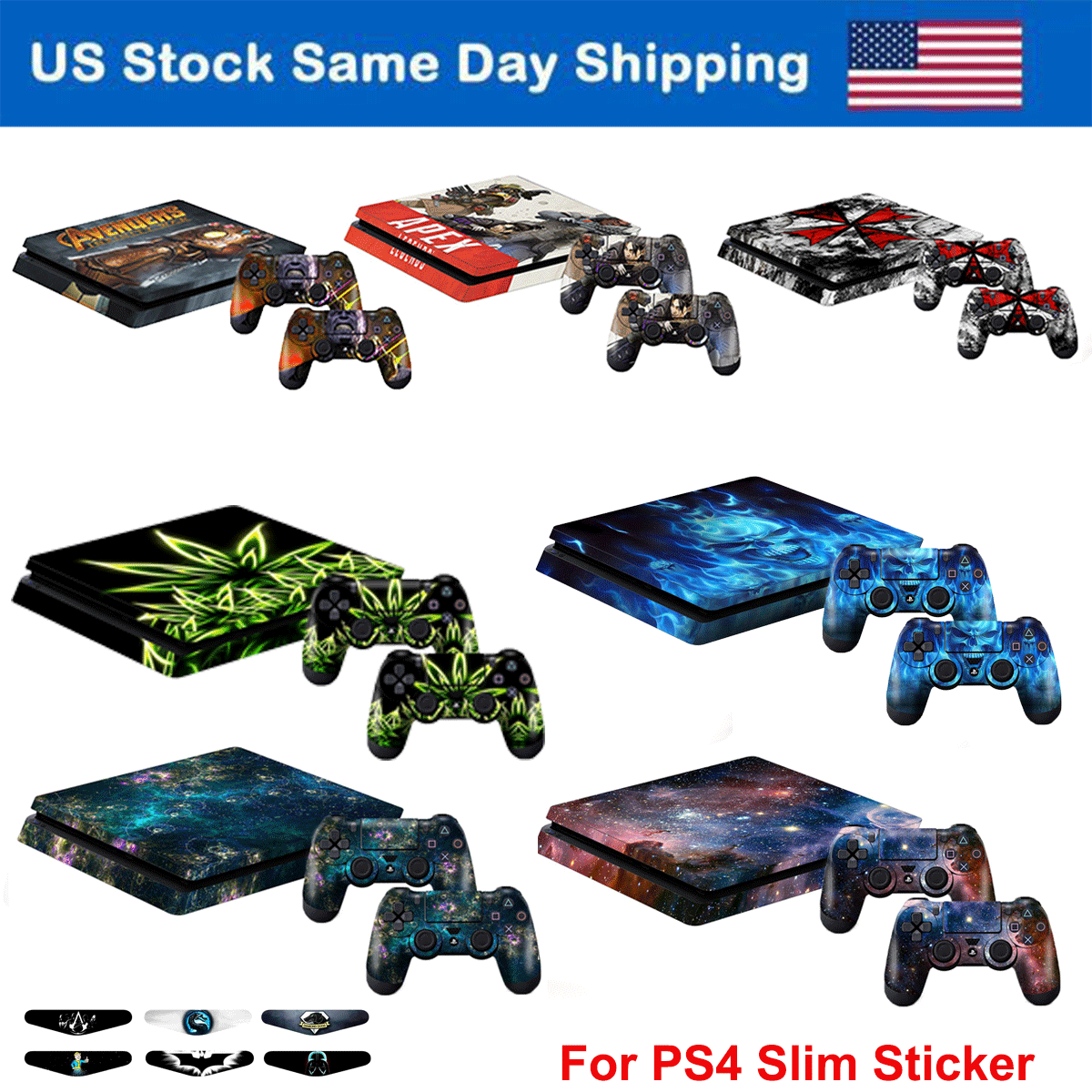 Skin Sticker Decals for PS4 Slim Sony Playstation 4 Slim Console + 2  Controllers