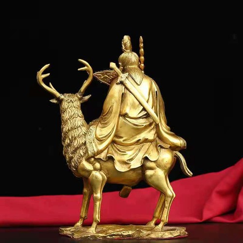 Brass Jiang Ziya Statue Jiang Tai Gong Deer Whip Flag Taoist Granting Titles God - Picture 6 of 6