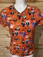 Scrubstar Horror Halloween Scrub Top Frankenstein Mummy Witch Sz S Pumpkin