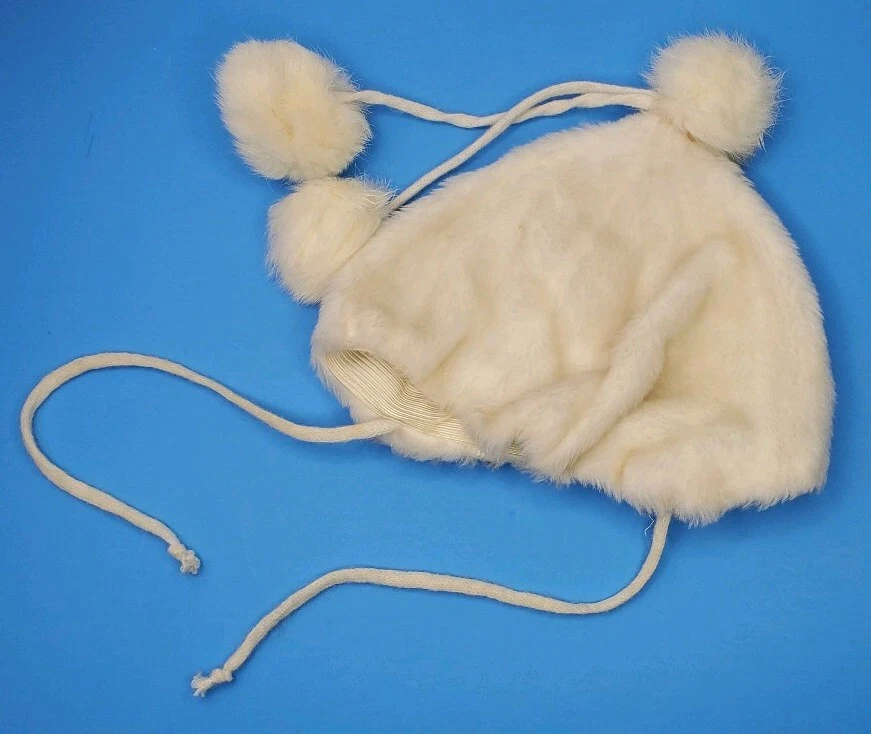 Vintage Baby or Doll Ivory Winter Fuzzy Hat w/ Fur Pom Poms Tie On HAT ONLY