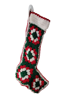 Vintage Christmas Stocking Knit Crochet Hand Crafted granny square
