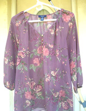 CHAPS PINK MAUVE ROSES FLORAL L LILAC PURPLE SHEER DRAPED BLOUSE BEAUTIFUL WOMEN
