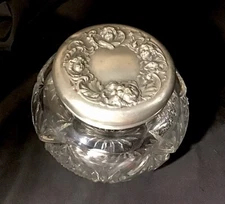 Antique Heisey EAP Glass Silver Repousse Art Nouveau Trinket Box Vanity Jar Nice