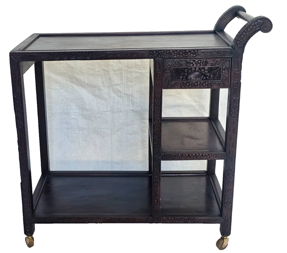 Carro de bar Chinoiserie vintage carro de té - madera tallada a mano - marcado Hong Kong Foto 2 de 4