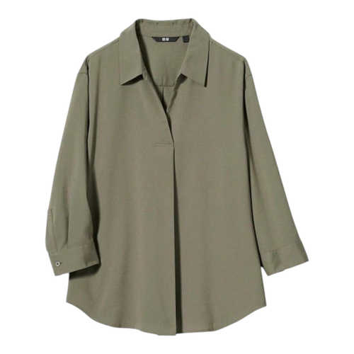 NWT Uniqlo Rayon Skipper Collar 3/4 Sleeve Blouse in Olive Green Women's Small