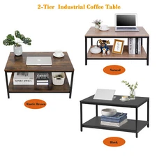 2-Tier Industrial Coffee Table Rectangle Side End Table w/Storage Shelf 3 Colors