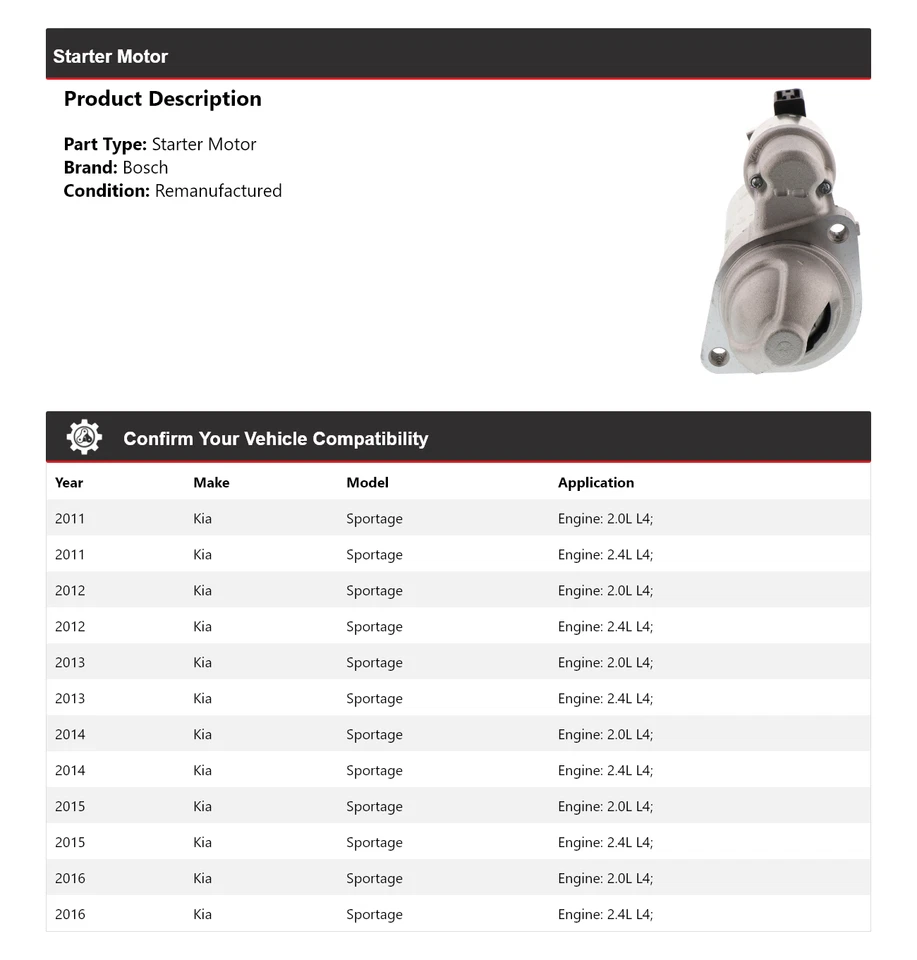 Para 2011-2016 Kia Sportage Bosch Starter (Remanufaturado) 2012 2013 2014 2015 - Imagem 2 de 4