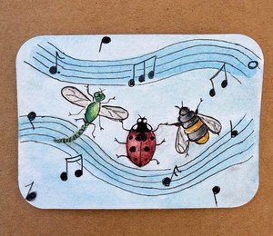ACEO Original whimsical watercolor & pen last of the bugs bee dragonfly ladybug