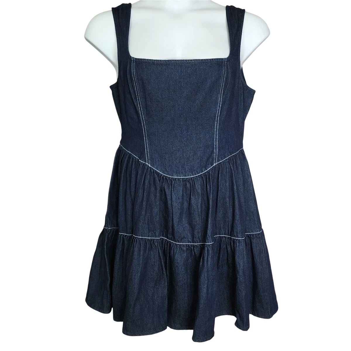 denim over the shoulder dress Off-the-Shoulder Belted Midi – Modern Millie Size:32C non stretch denim Adjustable Festival woman Ganni Metallic Denim Fit-&-Flare