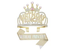 Metal Birthday Princess Crown  Sash - B Day Tiara for Women  Girls - Decoratio