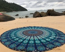 Round Beach Tapestry Turquoise Mandala Throw/Boho Hippie Beach Blanket Roundi...