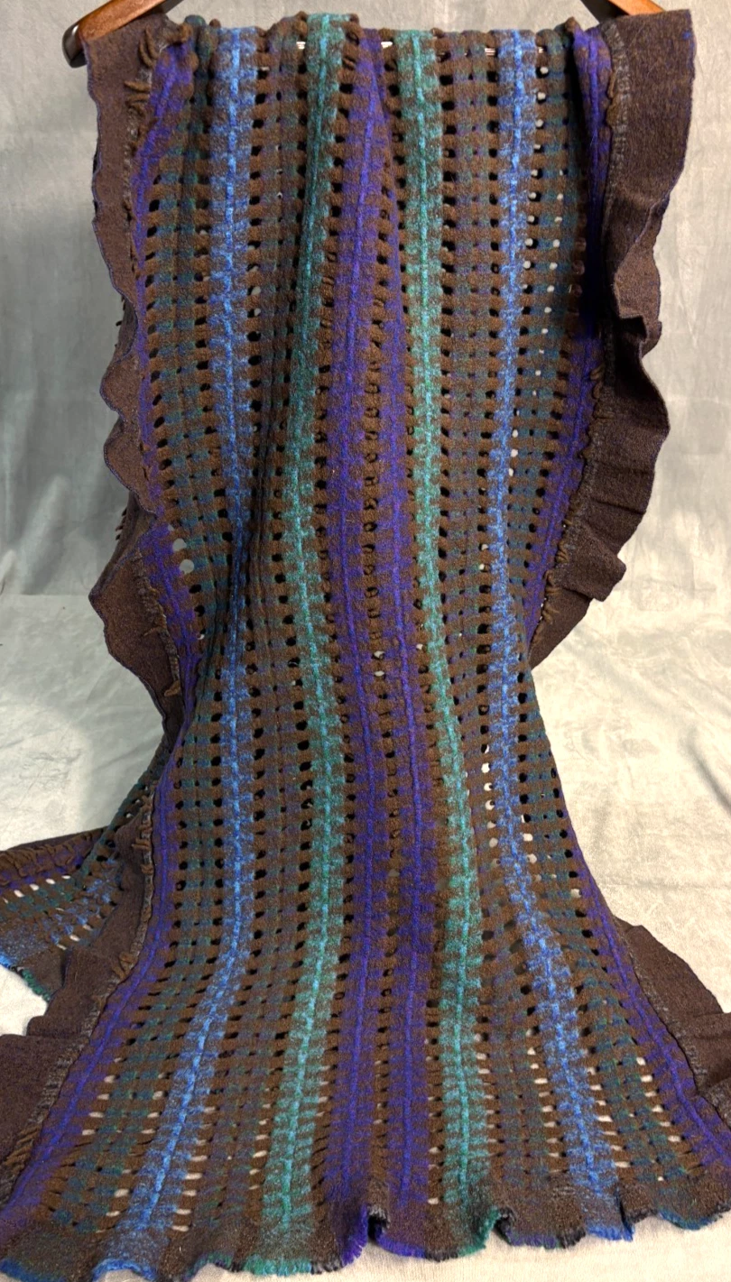 OOAK Felted Woven Wool Scarf Wrap Brown Purple Green Lagenlook Art 2 Wear Luxury
