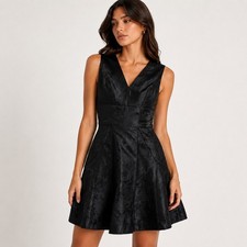 Vera Wang Cocktail Dress Womens 2 Black Floral Jacquard V-Neck Fit Flare Pockets
