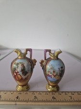 Pair of Royal Vienna Antique Small Pitchers Ewers Hand Painted Guilt 19th