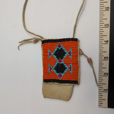 Vintage Native American Beaded Buckskin Pouch Strike-A-Lite Bag Orange Turquoise