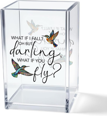 What If I Fall What If You Fly Acrylic Cosmetic Pencil Pen Holder Cup, Hummingbi