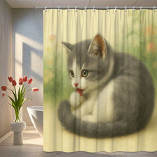 Cute Cat Shower Curtain - Grey and White Design for Animal Lovers