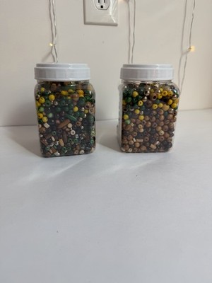 2 Jars Mixed Wooden Beads Craft Lot   Green Yellow Brown Assorted 2.47 lb Total