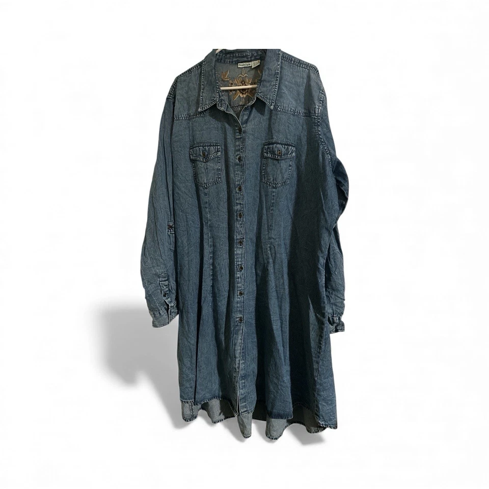 Vintage Nostalgia Denim Shirt Dress Beautiful Embroidery On Back Plus 3x Boho - Image 2 of 4