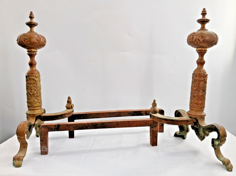 ORNATE BRASS VICTORIAN  Style Lion PAW FEET LEAF FLAME Scroll ANDIRON Fireplace