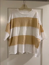 Free People We The Free Women's White and Beige Large Striped Cotton Top Size S