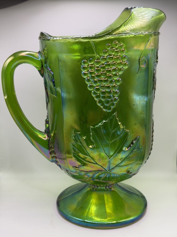 Vintage 64 oz. Indiana Glass Iridescent Green Large Heavy Footed Pitcher Grapes