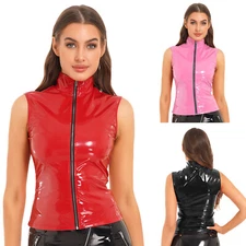 Womens Wet Look Top Vest Jackets Shiny Pleated Flared A Line Mini Skirt Clubwear