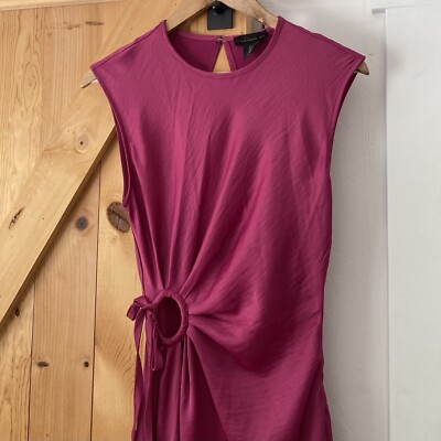 house of harlow pink satin dress House of Harlow Barbiecore Pink Bias Cut Ruched Side Satin Slipdress Gown NWT