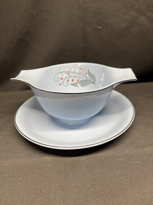 Vintage MCM Homer Laughlin Sky Tone Star Dust Gravy Boat Attached Under Plate