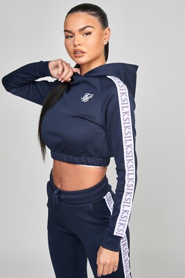SikSilk Damen marineblau Medley Band Crop Hoodie UK8 Extra Small