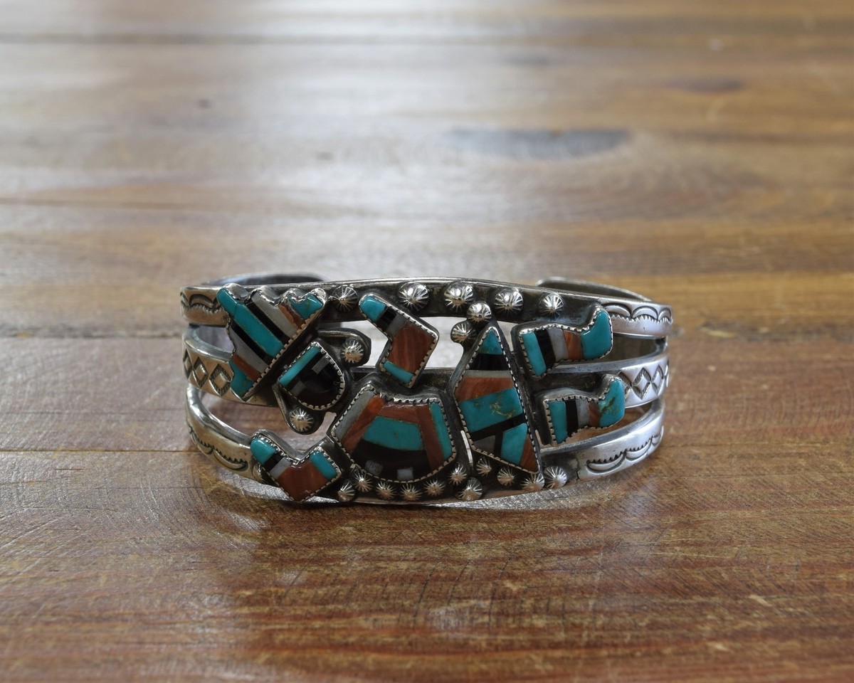 Vintage Zuni Sterling Silver and Multi-Stone Inlay Rainbow Yei Cuff  Bracelet+