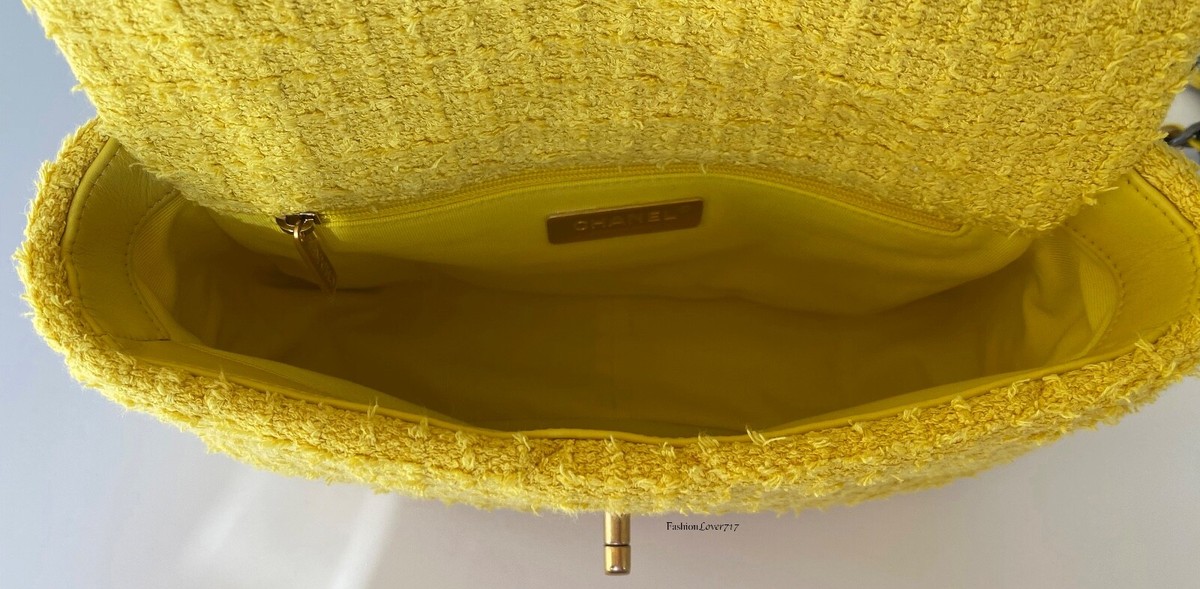 NEW CHANEL 19 YELLOW TWEED SILVER GOLD CHAIN QUILTED MEDIUM FLAP