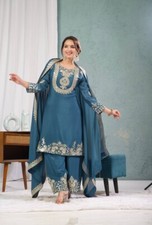 Stunning Look Teal Blue Chinon Silk Salwar Kameez With Dupatta For Wedding