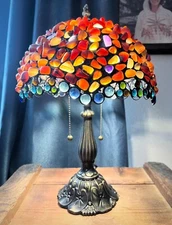 Tiffany Style Table Lamp Amber Stained Glass Agate Crystal Bead Bedside Light