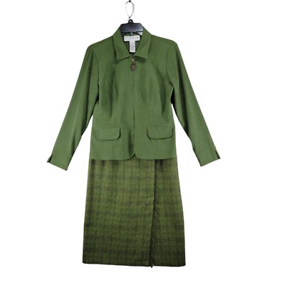 Sag Harbor Womens Petite Size 6p Green Tweed Skirt W/ Faux Suede Suit Jacket