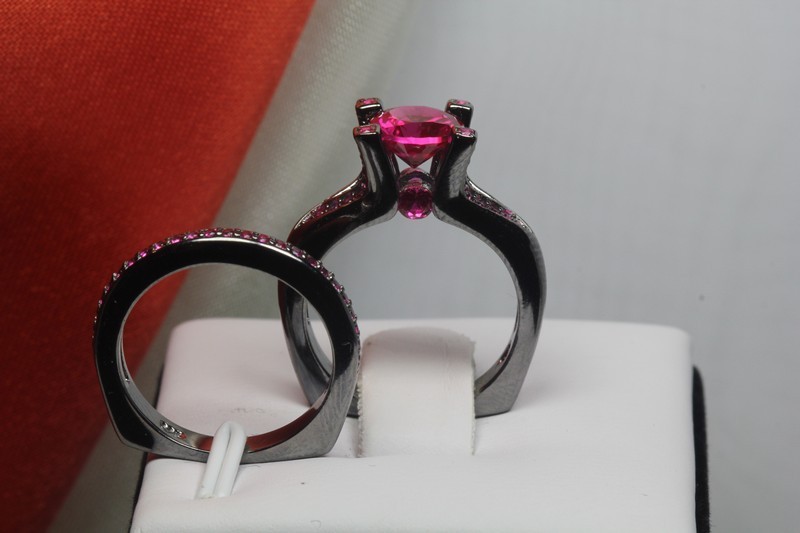 GOTHIC BLACK & PINK CZ STERLING SILVER ENGAGEMENT RING W