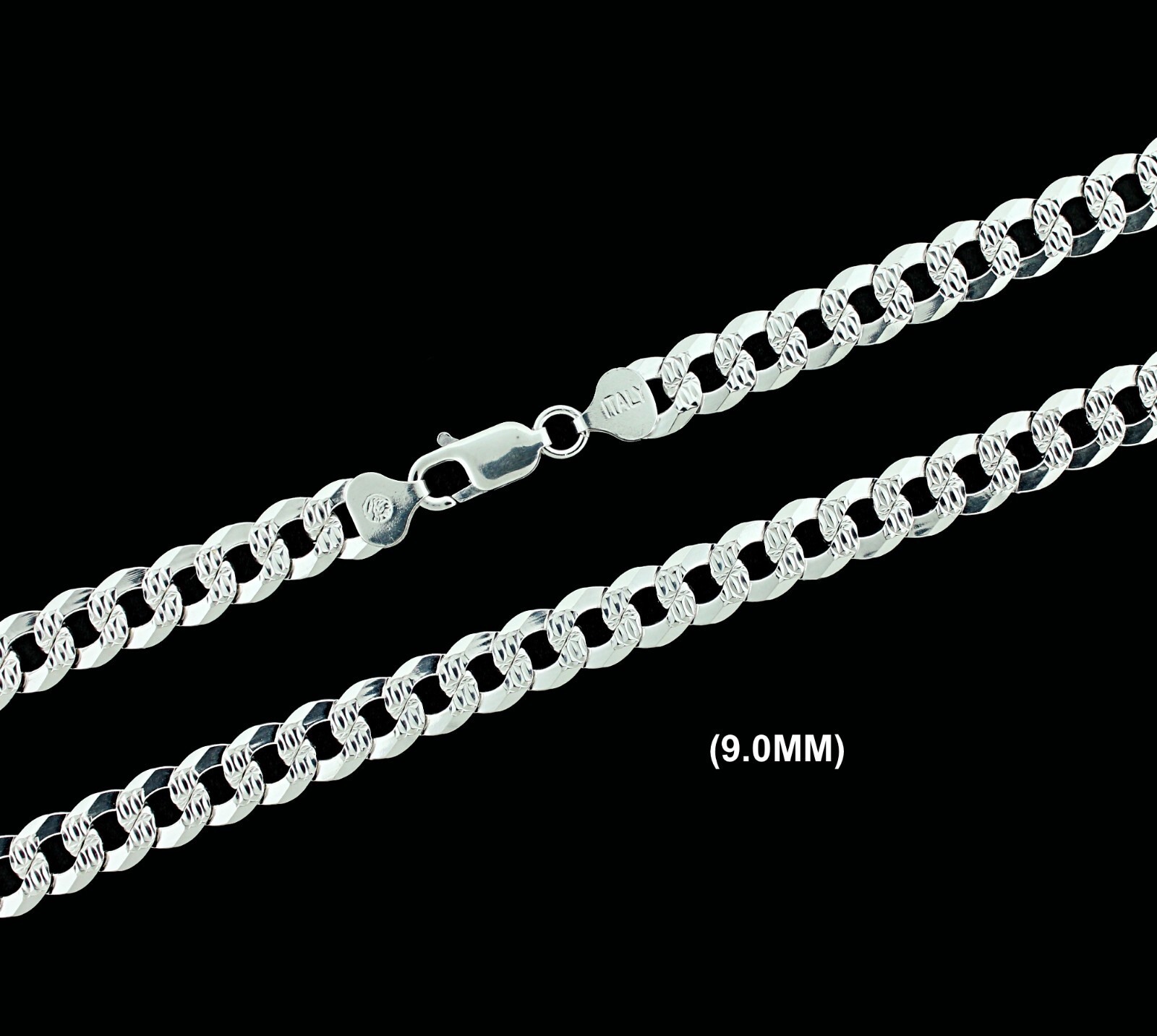 9MM Real SOLID 925 Sterling Silver DIAMOND CUT CURB LINK Chain Necklace ITALY