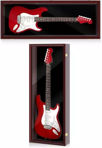 Guitar Display Case Electric 44" Mahogany Wood Holder Rack Wall Acoustic Cabinet