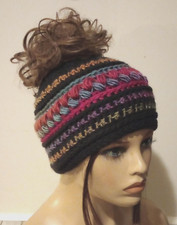 handmade crochet womans messy bun hat beanie puffs sweet strawberry new USA made