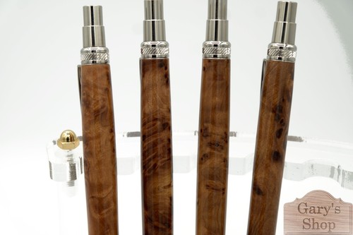 Exhibition Grade Thuya Burl Wood with Blade Button Click Ballpoint Pen in Nickel - Picture 7 of 12