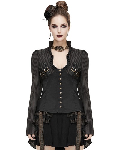 Devil Fashion Womens Steampunk Blouse Top Black Brown Stripe Victorian Gothic - Picture 16 of 24