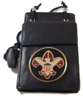 BOY SCOUTS BLACK LEATHER ID / BADGE HOLDER POUCH with lanyard