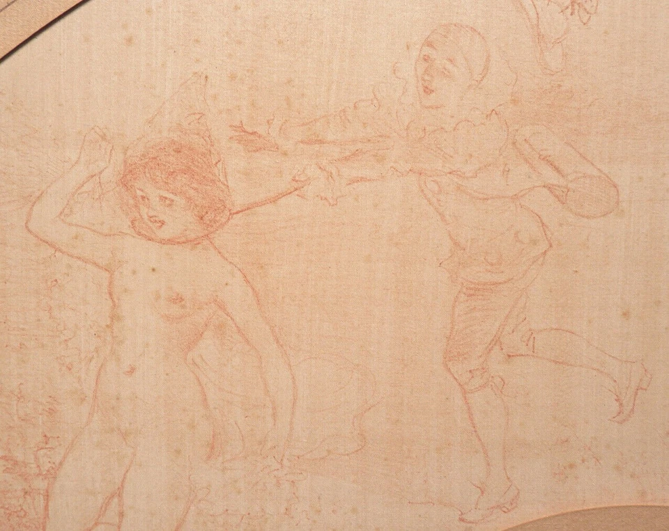 Adolphe WILLETTE projet d'éventail Pierrot chasse au papillon Gravure sanguine - Photo 2/4