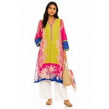 Khaadi Women Pink Lime Green Floral Paisley Cotton Kurta Long Tunic Top 10 Boho