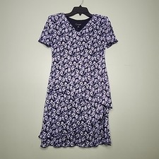 Connected Apparel Dress 6P Blue Floral V-Neck Short Sleeve Layer Shoulder Pads