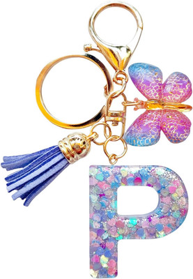 Cute Initial Letter Keychains for Women Girls Tassel Butterfly Pink Purple Green