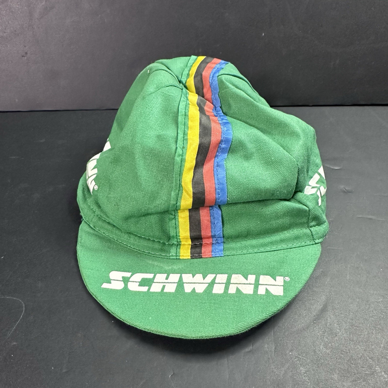 Vintage Schwinn Cycling Hat Cap Green Color Stripes Retro Sp